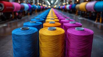 A row of colorful yarns are displayed in a factory. The colors are bright and vibrant, creating a cheerful and lively atmosphere photo