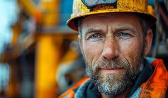 A man with a yellow helmet and orange jacket is smiling. He has a beard and a mustache photo