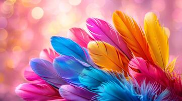 A colorful array of feathers with a pink background. The feathers are of various colors, including blue, green, and yellow. Concept of vibrancy and liveliness photo