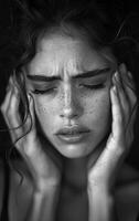 A woman with her hands on her head, looking sad. The photo is black and white. Scene is somber and melancholic