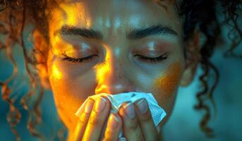 A woman with a tissue in her hand, her face is covered in glitter. The scene is bright and cheerful, with the glitter adding a touch of whimsy to the image photo