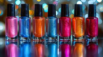 A row of colorful nail polish bottles are lined up on a table. The bottles are of various colors, including blue, pink, and orange. Concept of creativity and self-expression photo