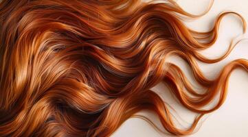 A woman's long red hair is shown in a close up. The hair is styled in a way that it is flowing and has a natural, wavy texture. Scene is one of beauty and elegance photo