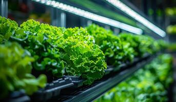 A row of green plants are lined up on a shelf. The plants are all different sizes and are all green photo