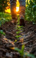 A person is walking through a field of corn. The sun is setting in the background, casting a warm glow over the scene. The person is wearing boots and he is enjoying the peacefulness of the moment photo