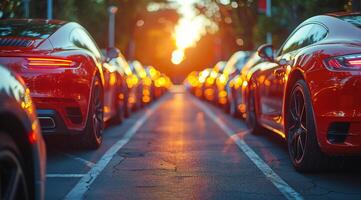 A row of cars are parked on a street with the sun setting in the background. The cars are all red and are parked in a line photo
