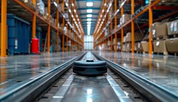 A robot is on a train track in a warehouse. The robot is black and has a red fire extinguisher nearby photo