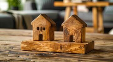 Two wooden houses are sitting on a wooden table. The table is made of wood and has a rustic feel to it. The scene is simple and peaceful photo