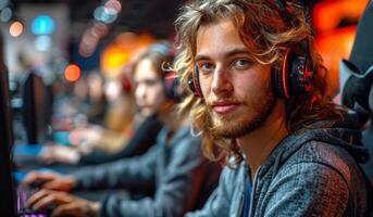 A man with long hair and a beard is wearing headphones and smiling. He is surrounded by other people who are also wearing headphones. Scene is relaxed and casual photo