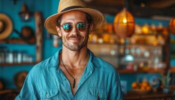 A man wearing a straw hat and sunglasses is smiling at the camera. He is standing in front of a bar with a counter full of drinks photo