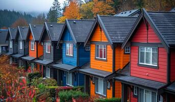 A row of colorful houses with a green bush in front of them. The houses are painted in different colors, including blue, red, and orange photo