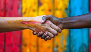 Two hands shaking in front of a colorful wall. Concept of unity and collaboration between the two people photo