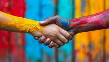 Two hands shaking in front of a colorful wall. Concept of unity and friendship between the two people photo
