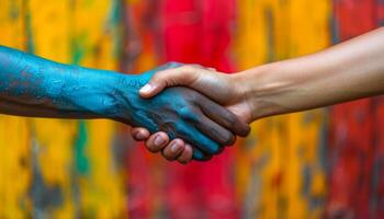 Two hands shaking hands in front of a colorful wall. Concept of unity and cooperation between people photo