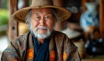 An old man wearing a straw hat and a brown robe sits in front of a table with a teapot on it photo