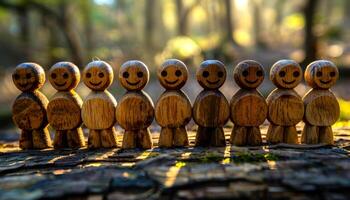 A group of wooden figurines are lined up in a row, all smiling. Concept of happiness and positivity photo