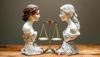 Two statues of women on a table with a scale in between them. The statues are of different sizes and one is missing a piece. The scene gives off a sense of balance photo