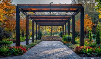 A large arched walkway with a stone wall and a fountain in the middle. The walkway is lined with flowers and trees, creating a peaceful and serene atmosphere photo