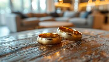 Two gold wedding rings are placed on a wooden table. The rings are shiny and appear to be new. The table is surrounded by a couch and a chair, creating a cozy and intimate atmosphere photo