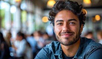 A man with a beard and a smile is sitting at a table in a restaurant. He is surrounded by other people, some of whom are also smiling. The atmosphere seems to be friendly and relaxed photo