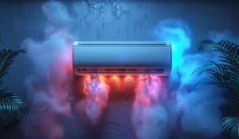 A white air conditioner is emitting smoke and steam. The image has a surreal and dreamlike quality to it, with the smoke and steam creating a sense of otherworldliness photo