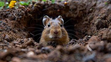 A small brown mouse is peeking out of a hole in the ground. The mouse is looking up at the camera, curious about the photographer. The scene is quiet and peaceful photo
