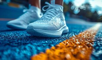 A person's feet are shown in a white shoe on a blue and yellow line photo