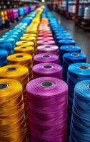 A row of colorful yarns are displayed in a store. The colors are bright and vibrant, creating a cheerful and lively atmosphere. The variety of colors photo