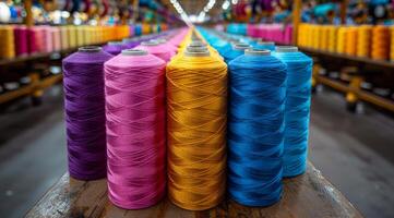 A row of colorful spools of thread are displayed on a table. The spools are arranged in a row, with each one a different color. The colors are bright and vibrant, creating a cheerful photo