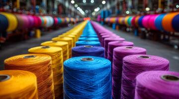 A row of colorful yarns are displayed in a factory. The colors are bright and vibrant, creating a cheerful and lively atmosphere photo