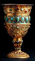 A gold and blue vase with a blue and red design. The vase is ornate and has a lot of detail photo