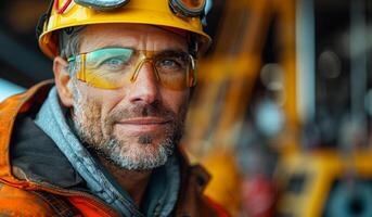 A man wearing a yellow helmet and safety glasses is smiling. He is wearing an orange shirt and he is a construction worker photo