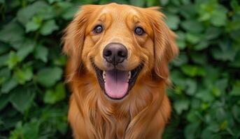 A happy golden retriever with a tongue sticking out. The dog is smiling and looking at the camera photo