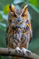 A large brown and orange owl is perched on a branch. The owl has big yellow eyes and is looking directly at the camera. Concept of curiosity and wonder photo