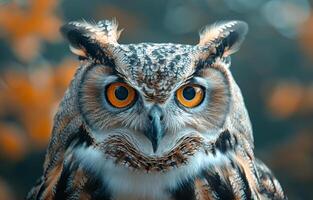 A close up of an owl's face with its eyes open and yellow eyes. The owl's face is the main focus of the image, and it is looking directly at the camera. photo