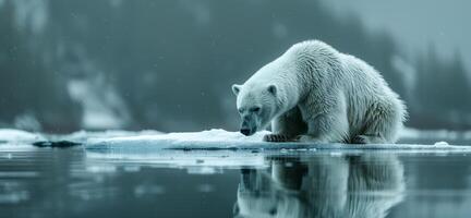 A polar bear is sitting on a piece of ice in the water. The bear is looking down at the water, possibly searching for food. The scene is serene and peaceful photo