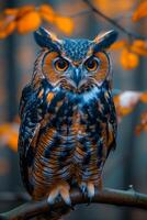 A large owl with orange and black feathers is perched on a branch. The owl's eyes are open and staring at the camera, creating a sense of curiosity and intrigue. The image evokes a feeling of wonder photo