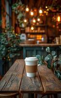 A white coffee cup with a brown lid sits on a wooden table in a cafe. The table is surrounded by potted plants and has a few chairs. The scene conveys a cozy and relaxing atmosphere photo
