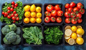 A variety of fruits and vegetables are displayed in black containers. Concept of abundance and freshness, as the different types of produce are arranged in neat rows photo