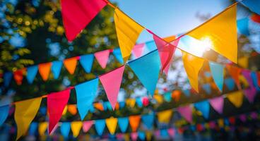 A bunch of colorful flags hanging in the air. The flags are of different colors and sizes, creating a vibrant and lively atmosphere. The scene suggests a celebration or a festive event photo