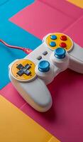 A white and yellow game controller with blue and red buttons. The controller is laying on a colorful surface photo