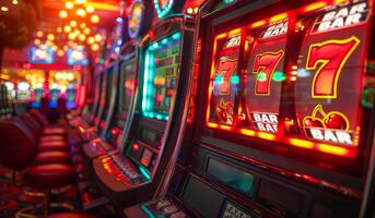 A row of slot machines with a bar on the right photo