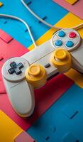 A white and yellow game controller is on a colorful background. The controller is placed on a red, blue, and yellow surface, with the buttons and the joystick clearly visible photo