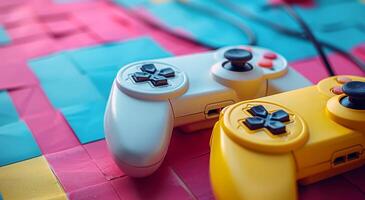 Two game controllers, one white and one yellow, sit on a colorful surface. The controllers are placed close together, suggesting that they might be used for a multiplayer game photo