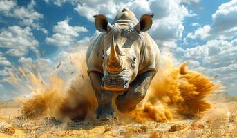 A rhino is running through the desert, kicking up a cloud of dust. The scene is intense and dramatic, with the rhino's powerful movements and the swirling dust creating a sense of motion and energy photo