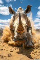 A rhino is running through the desert, kicking up sand and dust. The scene is intense and action-packed, with the rhino's powerful horn and the force of its movement creating a sense of danger photo