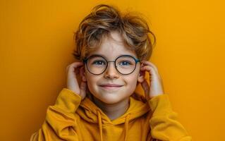 A young boy wearing glasses and a yellow hoodie is smiling and looking at the camera. Concept of warmth and happiness, as the boy appears to be enjoying himself photo