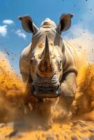 A rhino is running through the desert, kicking up a cloud of dust. The scene is intense and dramatic, with the rhino's powerful horn and the swirling dust creating a sense of motion and energy photo