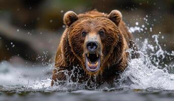 A brown bear is running through the water with its mouth open and teeth bared. The bear appears to be in a state of excitement or aggression photo