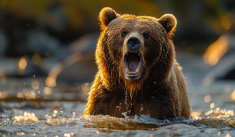 A bear is in the water, with its mouth open and teeth bared. The bear appears to be angry and aggressive photo